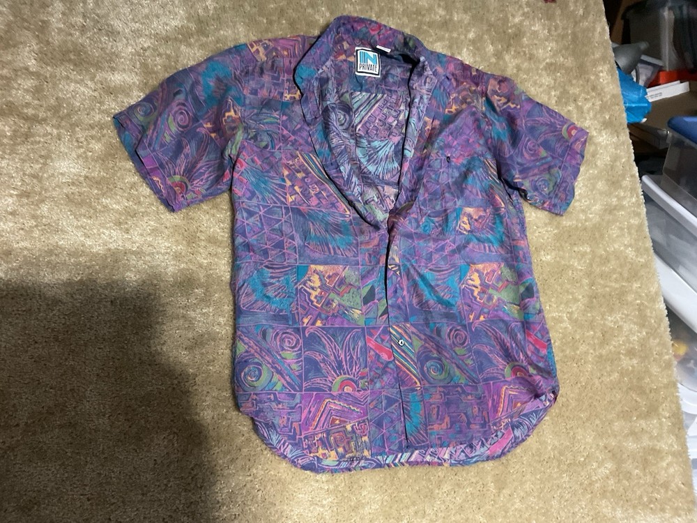 Vintage 90s In Private 100% Silk Short Sleeve Button Shirt Mens Med  Abstract