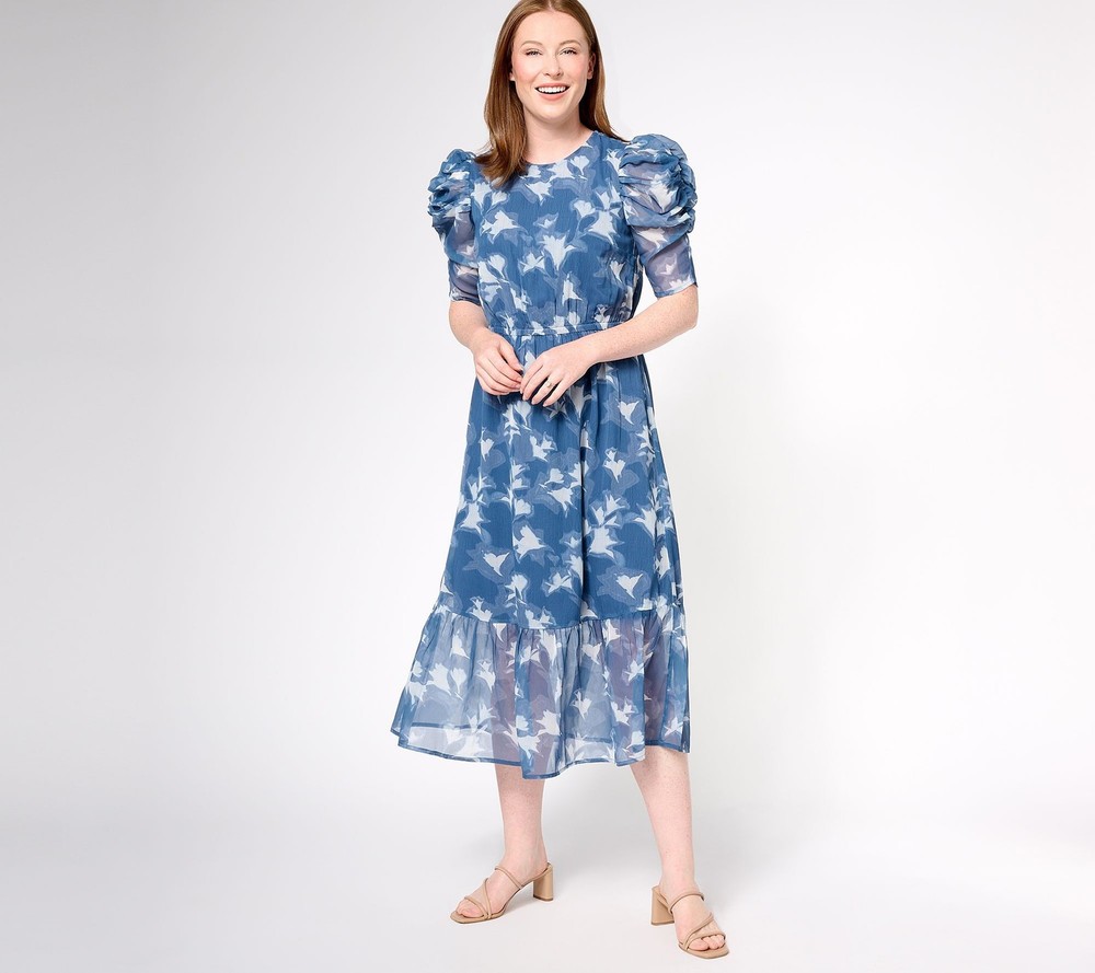 Destination 365 Women's Dress Sz L Printed Chiffon Puff Sleeve Midi Blue A614501