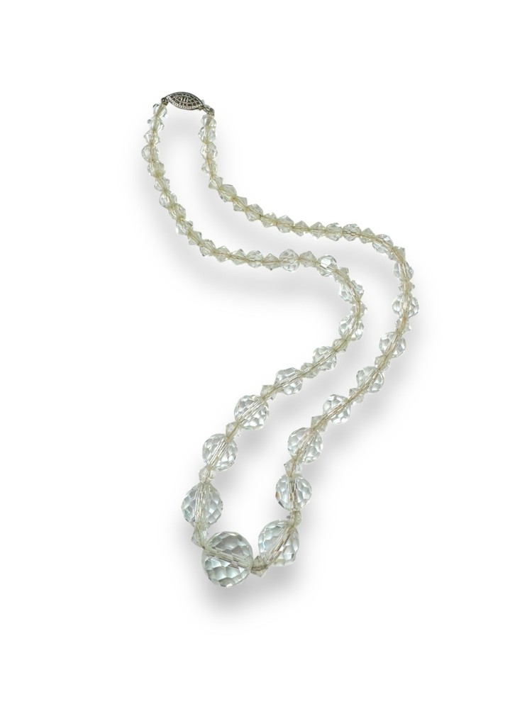 Art Deco Sterling Silver Faceted Crystal Bead Necklace On Chain Antique 16