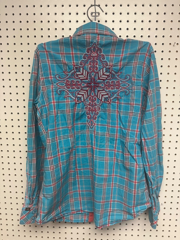 Cowgirl Up Women’s Western Snap Shirt. Embroidered Back Design. Size Medium