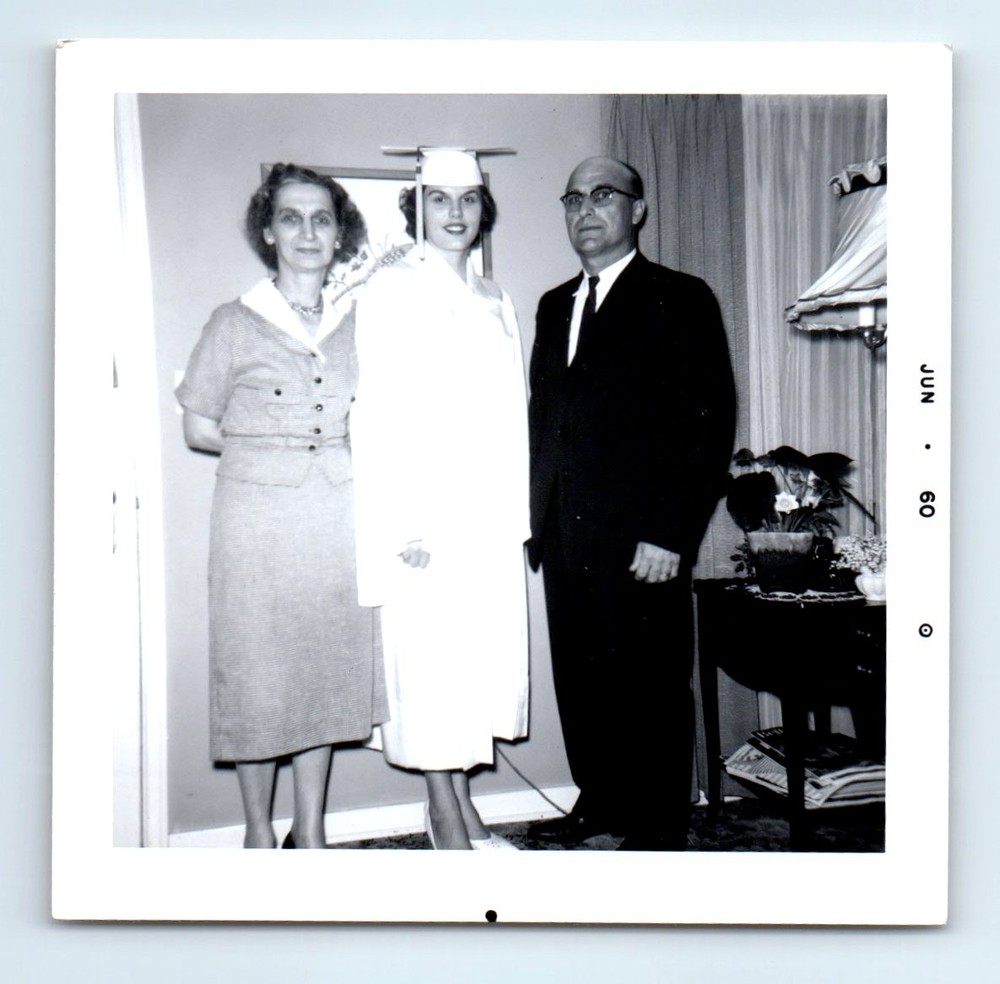 Old Vintage Square Photo MAN WOMEN GRADUATE GRADUATION CAP AND GOWN 1960