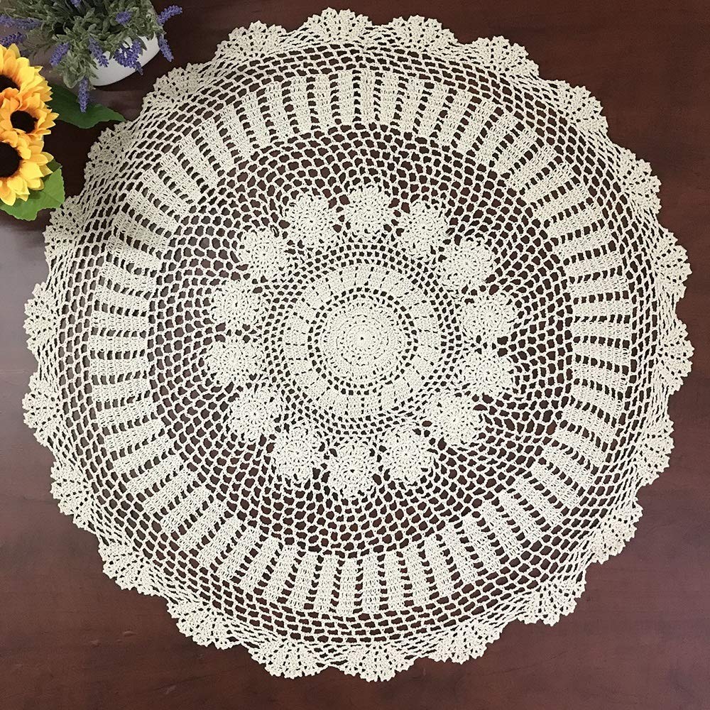 100% Cotton Handmade Crochet Round Tablecloth Doilies Lace Table Covers,Beige...