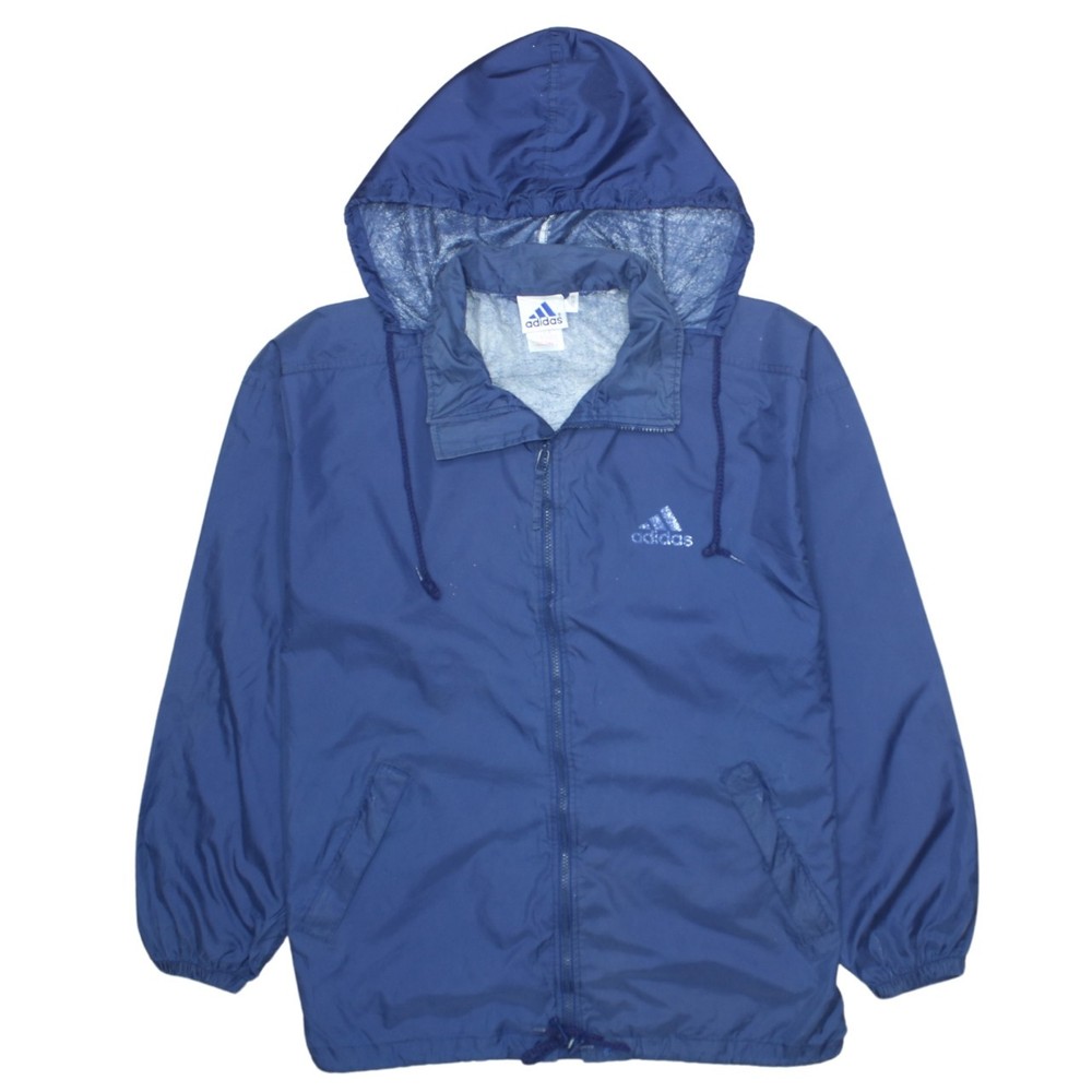 Adidas Mens Windbreaker Jacket Navy Blue Hooded Full Zip Zipped Pockets Logo M