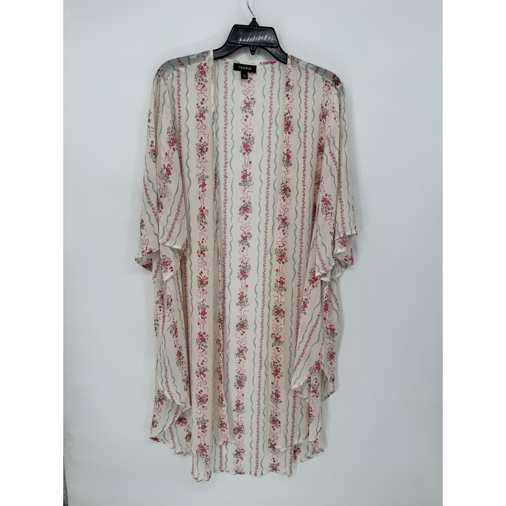 Torrid Kimono Women 1X Cream Pink Floral Stripe Excellent Sheer Open Front Wrap