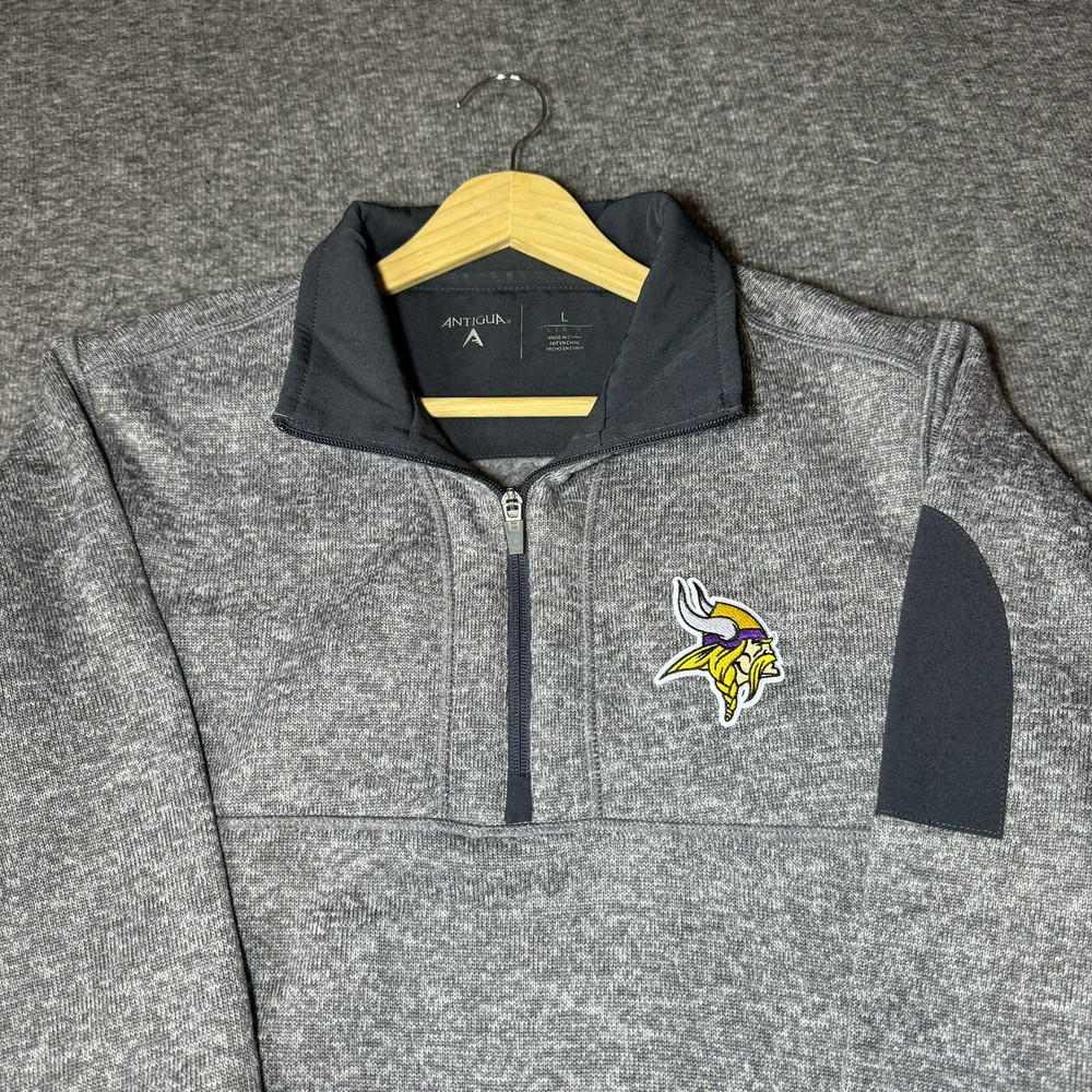 Minnesota Vikings Sweater Mens Large Grey 1/4 Zip Pullover Antigua NFL Sports