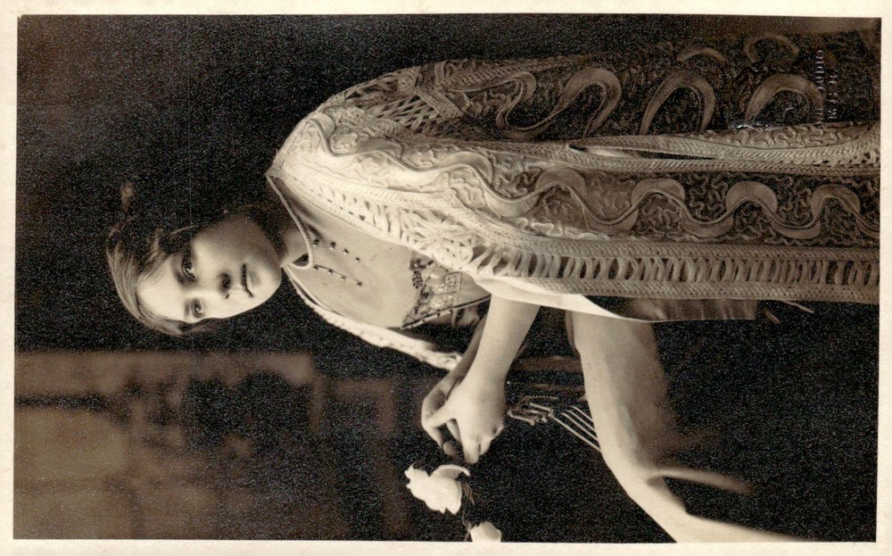 C1920s Woman in Ornate Embroidered Gown holding Rose Art Deco RPPC Postcard