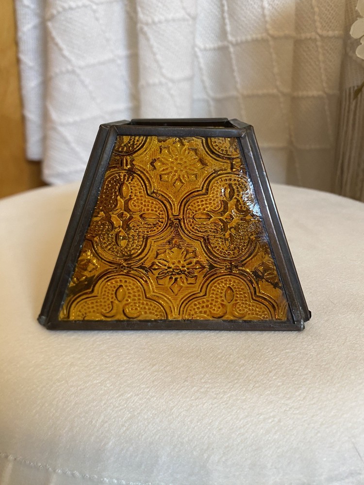 Small Amber Colored Glass Lamp / Light Shade in Metal Frame Good Roughly 3”X 4”
