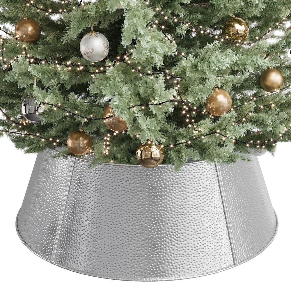 28 Inch Rustic Metal Christmas Tree Collar - Adjustable Hammered Finish for Festive Decor