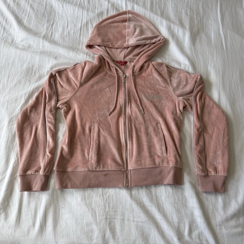 Guess pink white graphic cropped hoodie zip up long sleeve jacket sweater M