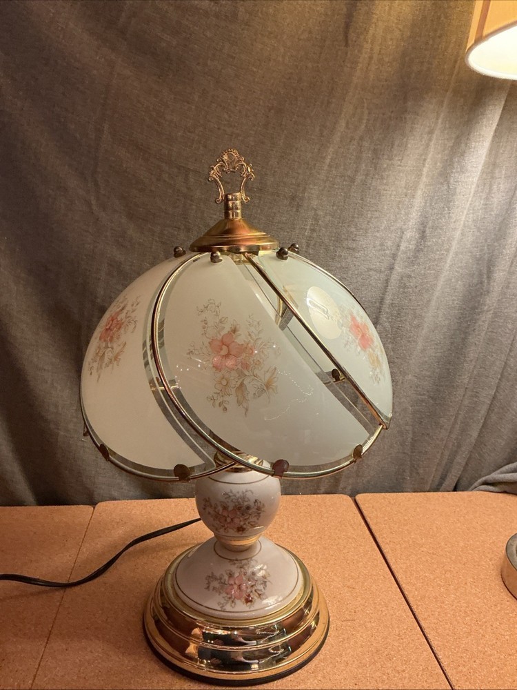 Vintage Floral  3 Way Touch Lamp Blue Pink Floral Six Glass Panel Brass Base 12