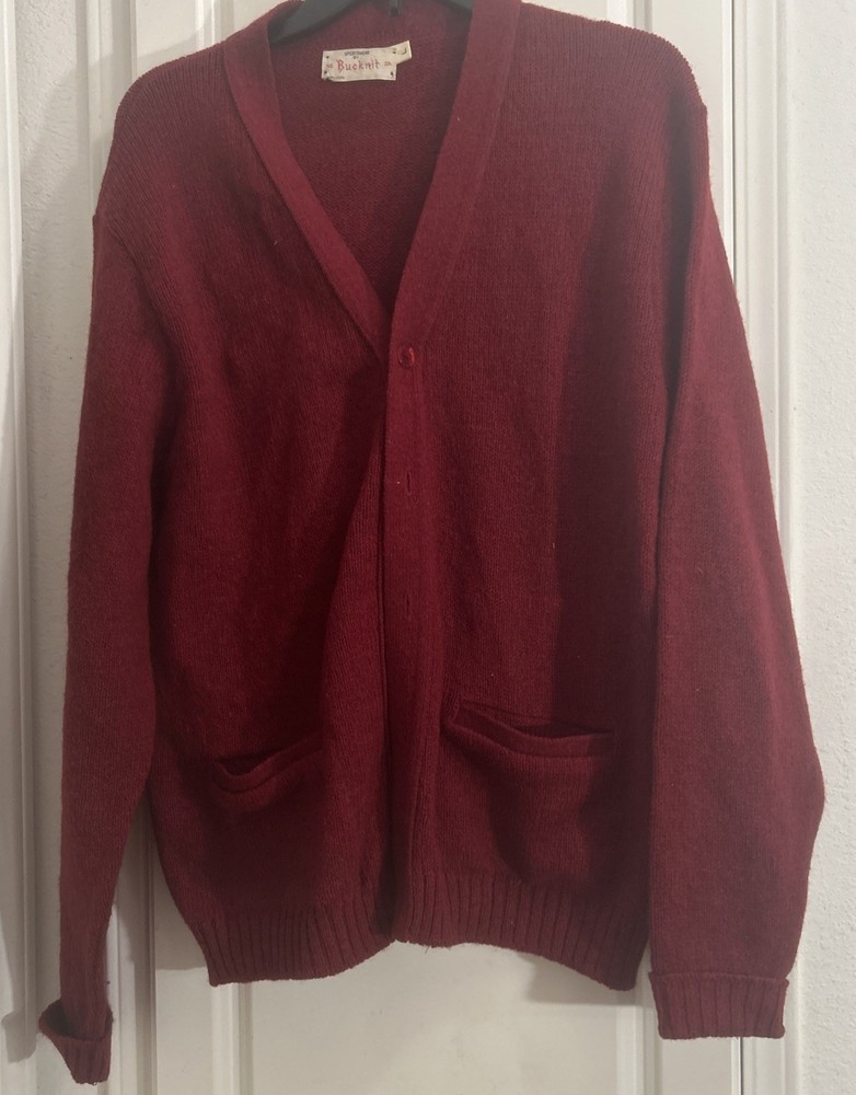 Vtg Bucknit Red Cardigan Sweater Mens L Shetland Wool Retro Preppy Grandpa 70’s