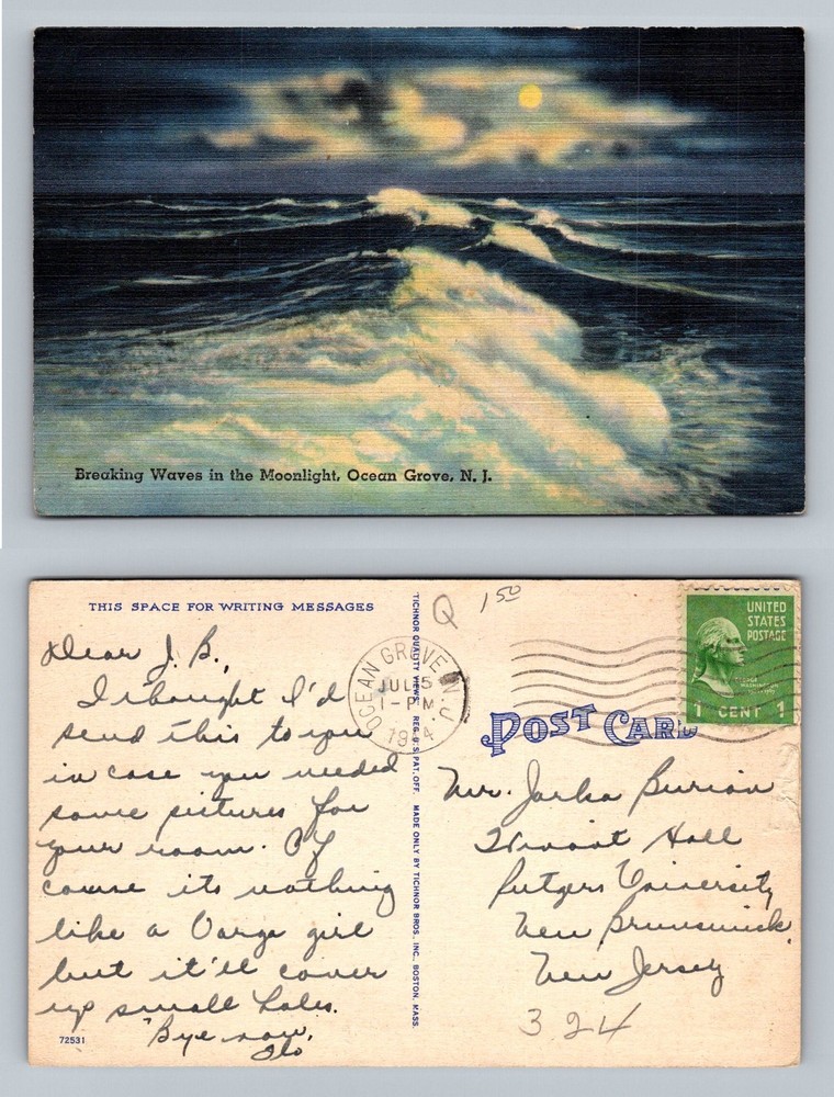 Ocean Grove, New Jersey Breaking Waves Moonlight Seascape Vintage c1938 Postcard