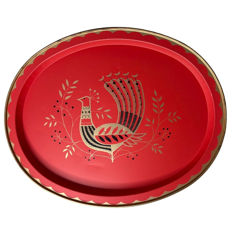 VTG Fabcraft Red Metal Serving Tray Mid Century Modern Bird Gold Scalloped Retro