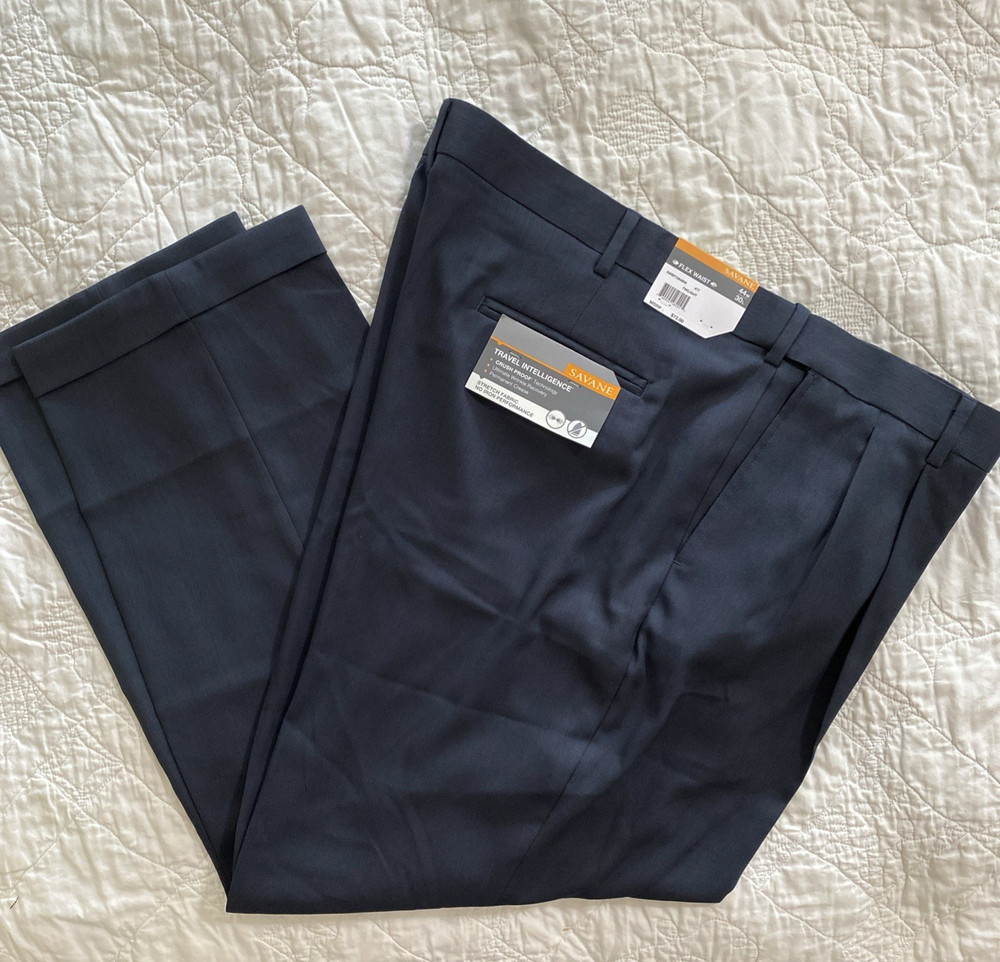 Savane Men's Travel Intelligence Flex Waist Pleated Dress Pant, 44 x 30, Navy