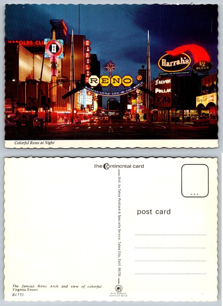 Reno Arch Nevada Night View Vintage Postcard Harold's Club Harrah's Casino