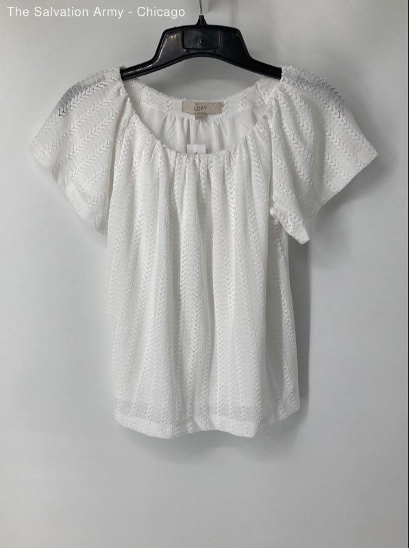 Loft Womens White Textured Short Sleeve Pullover Peasant Blouse Top Size XS
