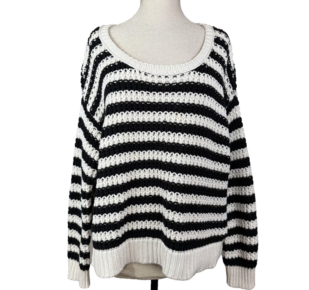 Free People At The Beach Sweater Womens L Black Stripe Open Knit Oversized Boho