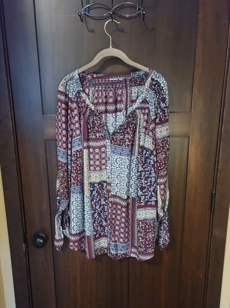 EUC Women's Plus Boho Patchwork Floral Chiffon Button Up Blouse Top Size 1X