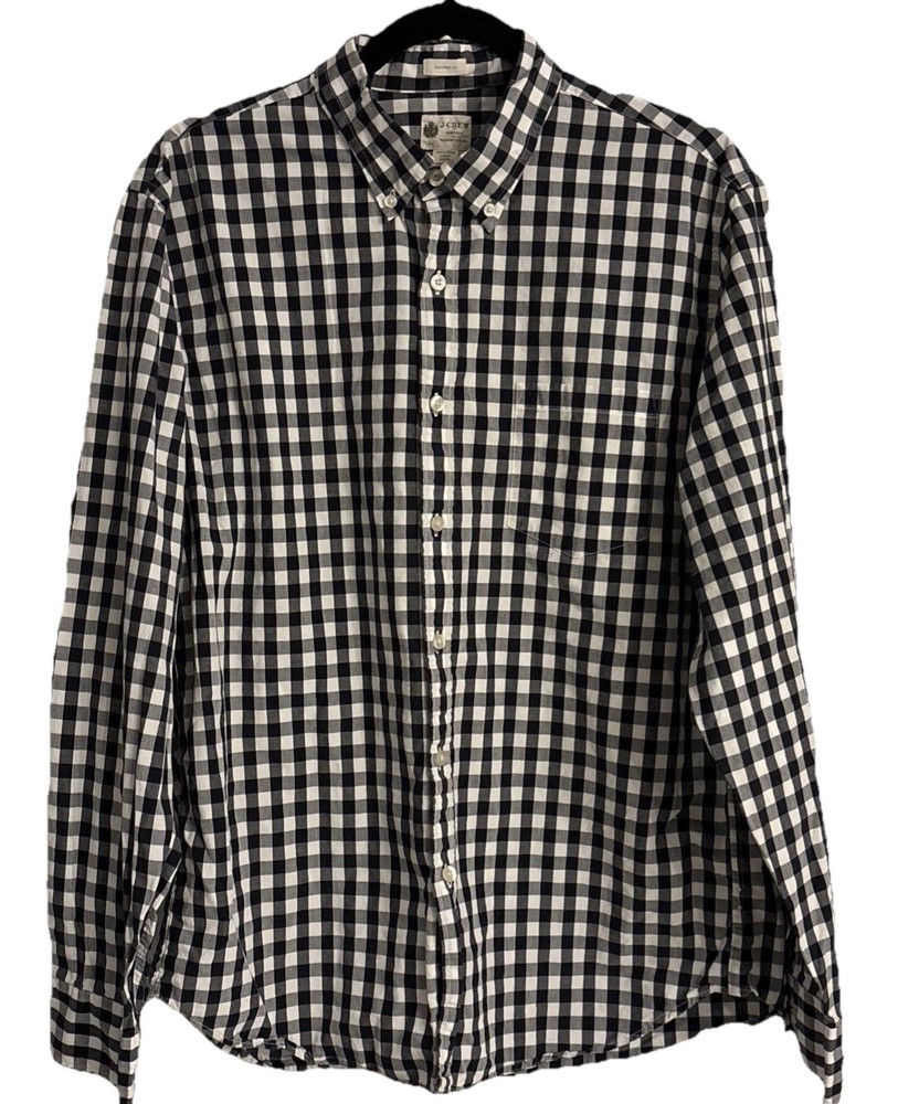 J Crew Mens Classic Fit Navy White Gingham Plaid Long Sleeve Button Down Large