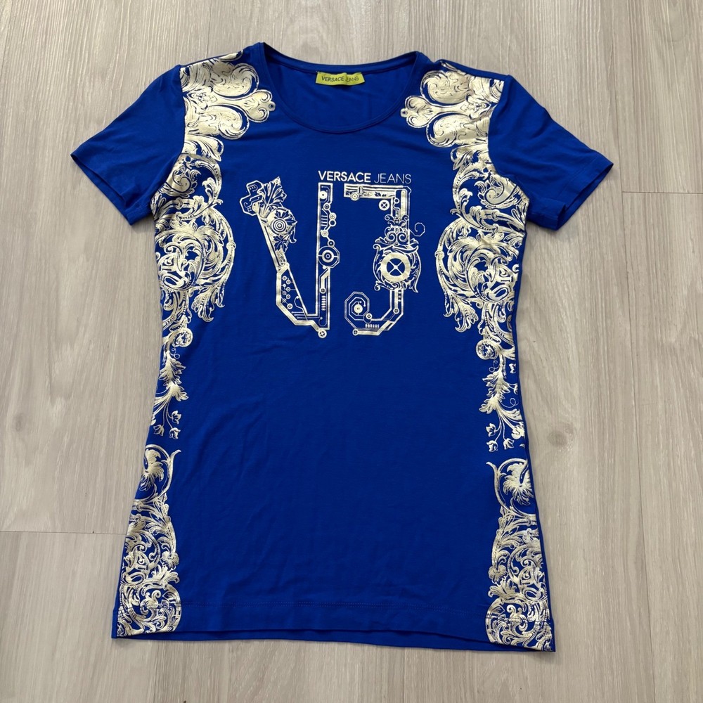Versace Jeans Womens Shirt Blue Gold Foil Baroque Logo Graphic Slim Fit Size S
