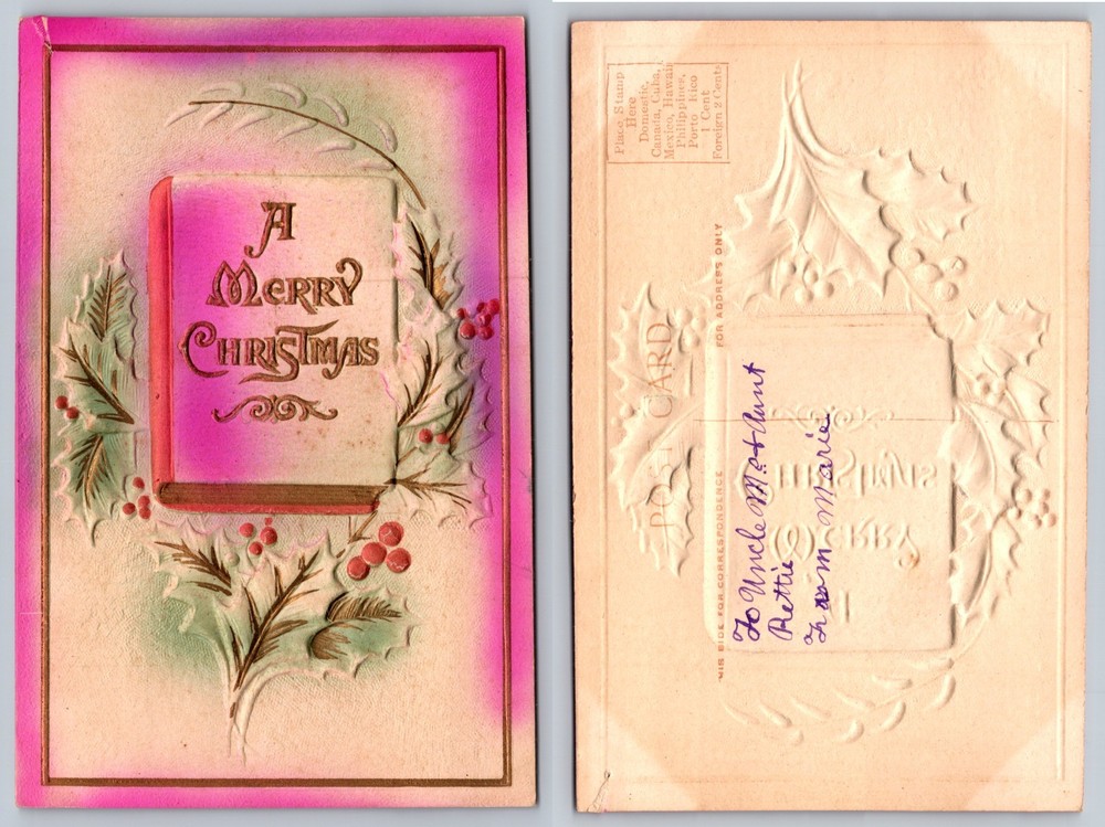 Embossed Holly Merry Christmas Greeting Postcard