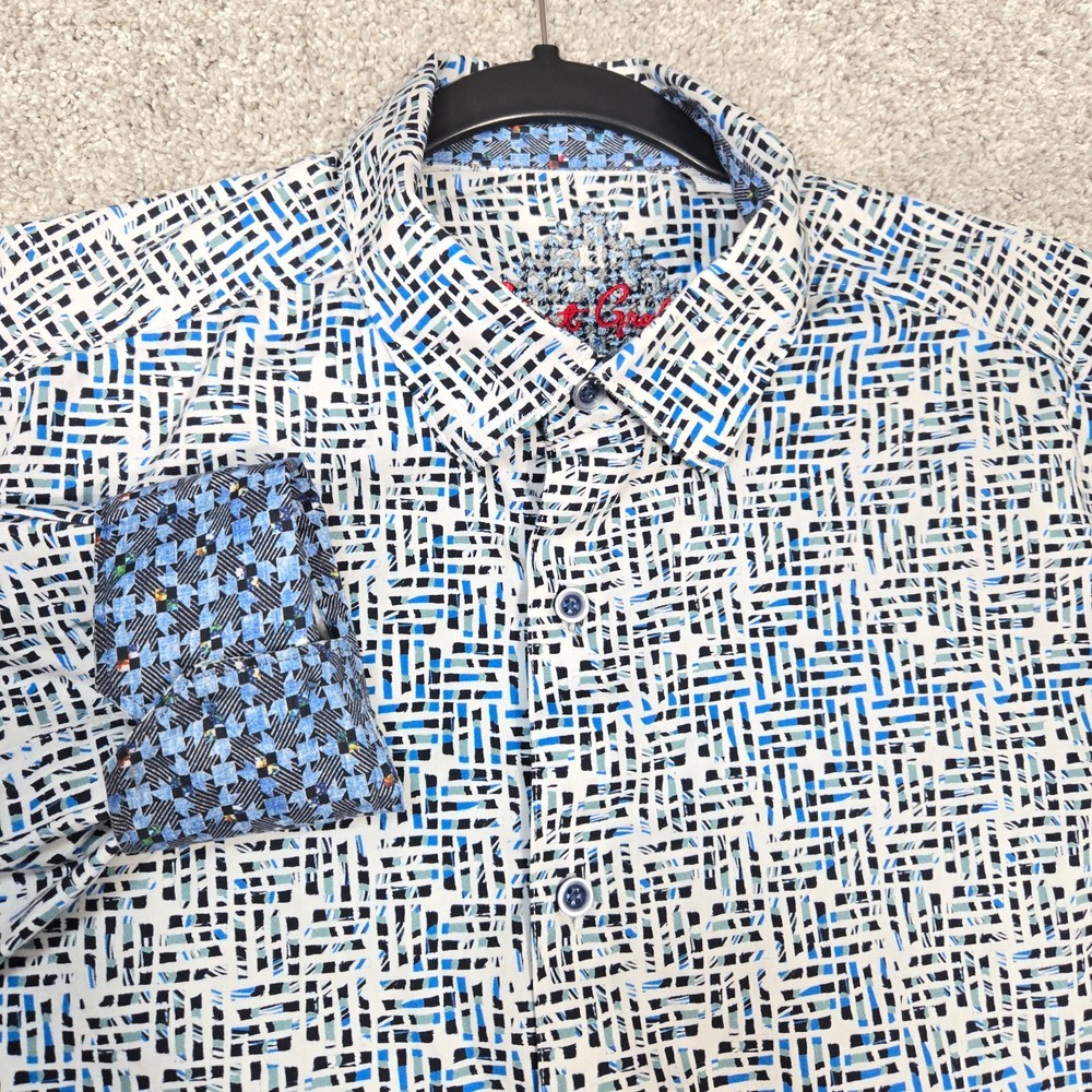 Robert Graham Shirt Mens Large Blue Abstract Classic Fit Flip Cuff Geometric L/S