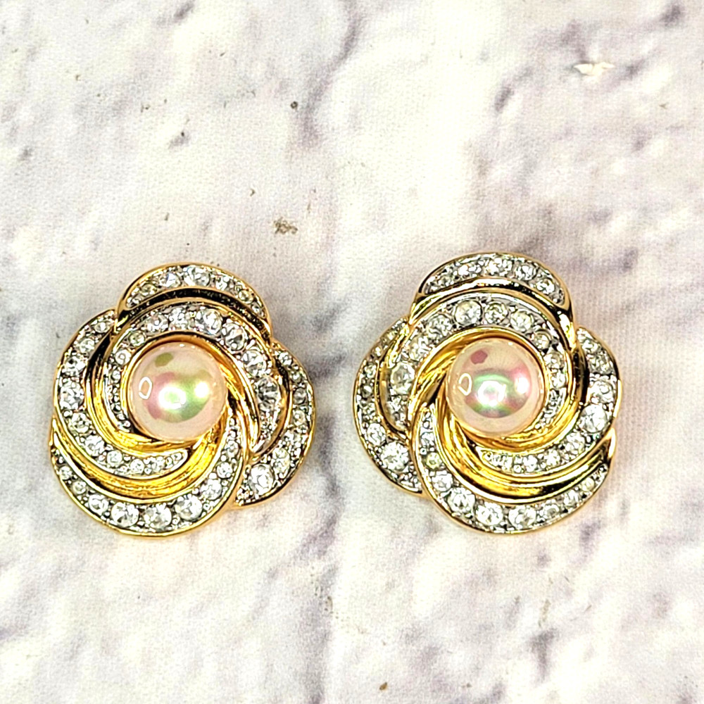 Vintage Nolan Miller Faux Pearl & Rhinestone Clip On Earrings Signed Mint