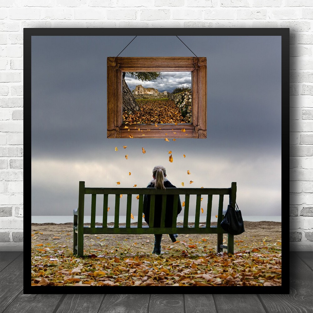 Girl Frame Painting Artwork Bench Sit Sitting Autumn Fall Leaves Square Print