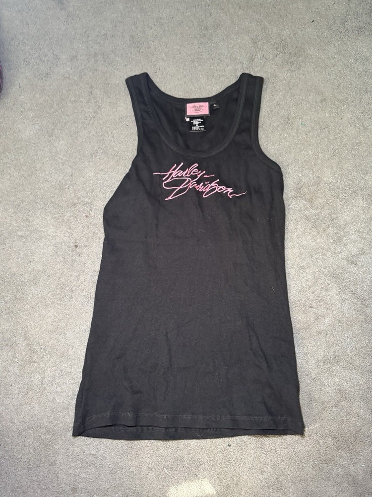Harley Davidson Womens Black Ribbed Tank Top Pink Spell Out USA XL