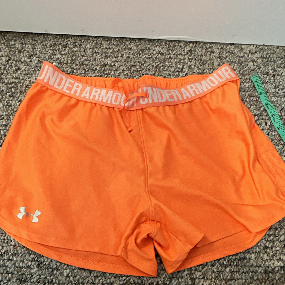 Under Armour Women’s Orange Athletic Shorts Logo Elastic Waist Drawstring Knit