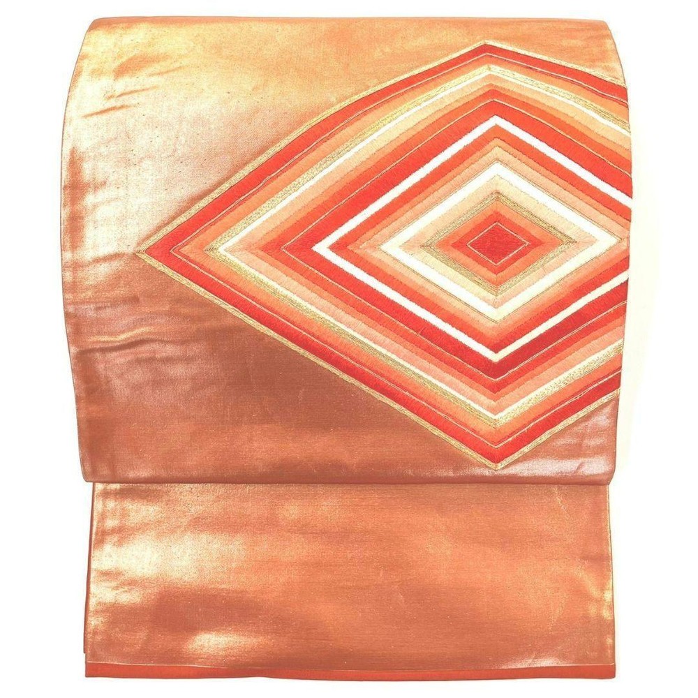Fukuro Obi Diamond Pattern Pure Silk Kimono Sash Red Brown 415cm Pre-Owned