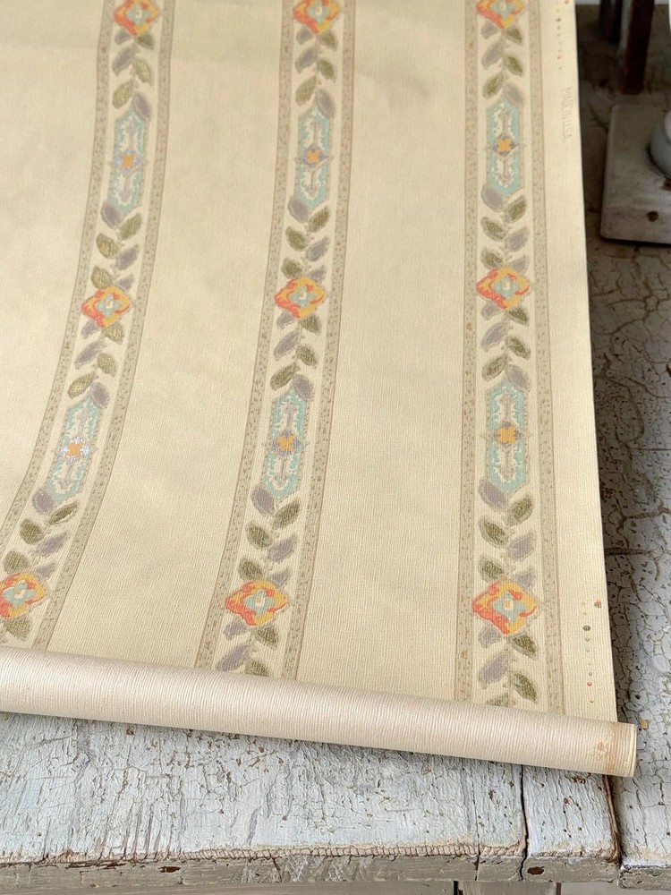 2yds Vintage French wallpaper roll pale neutral cream stripe floral ribbon 1930