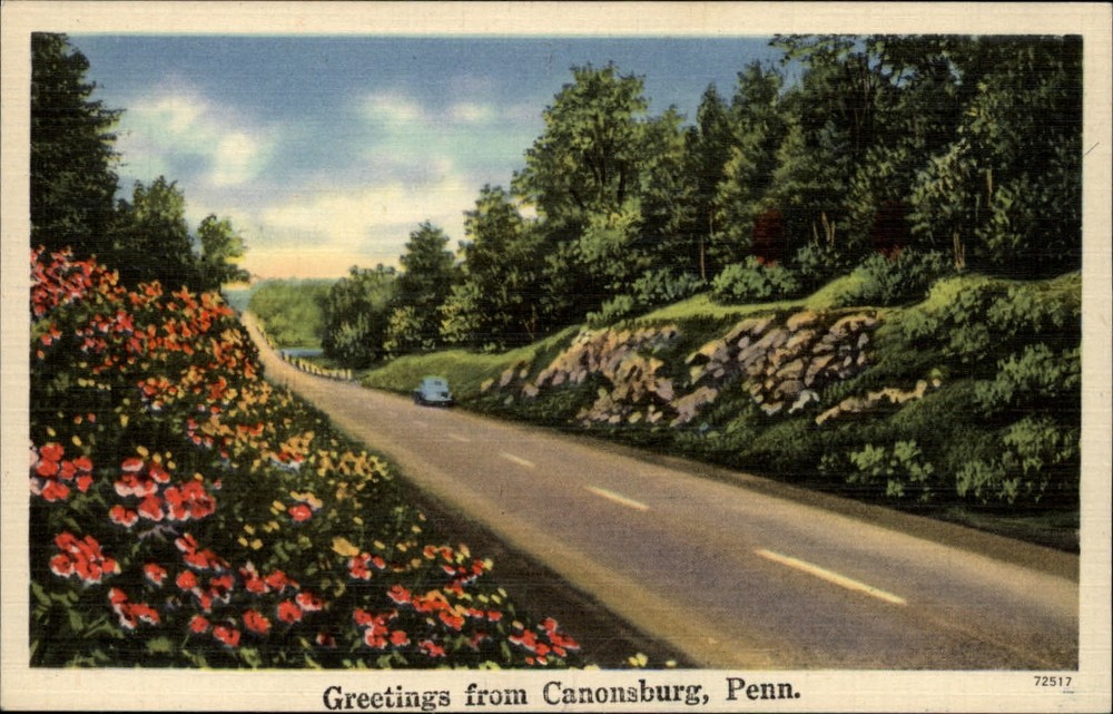 Greetings from Canonsburg Pennsylvania road scene ~ 1940s linen postcard