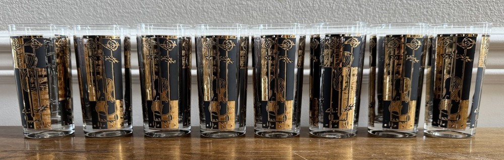 Vintage Culver? Musical Gold & Black Drinking Glasses Mid-Century 5.5
