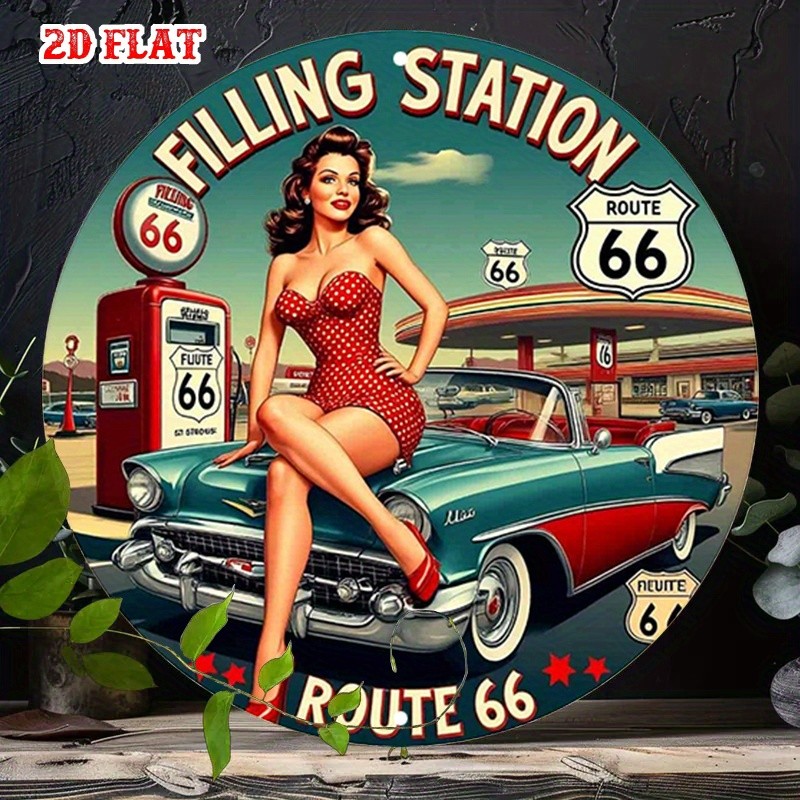 Vintage Tin Metal Sign Route 66 Gas Station Wall Art Retro 8x8