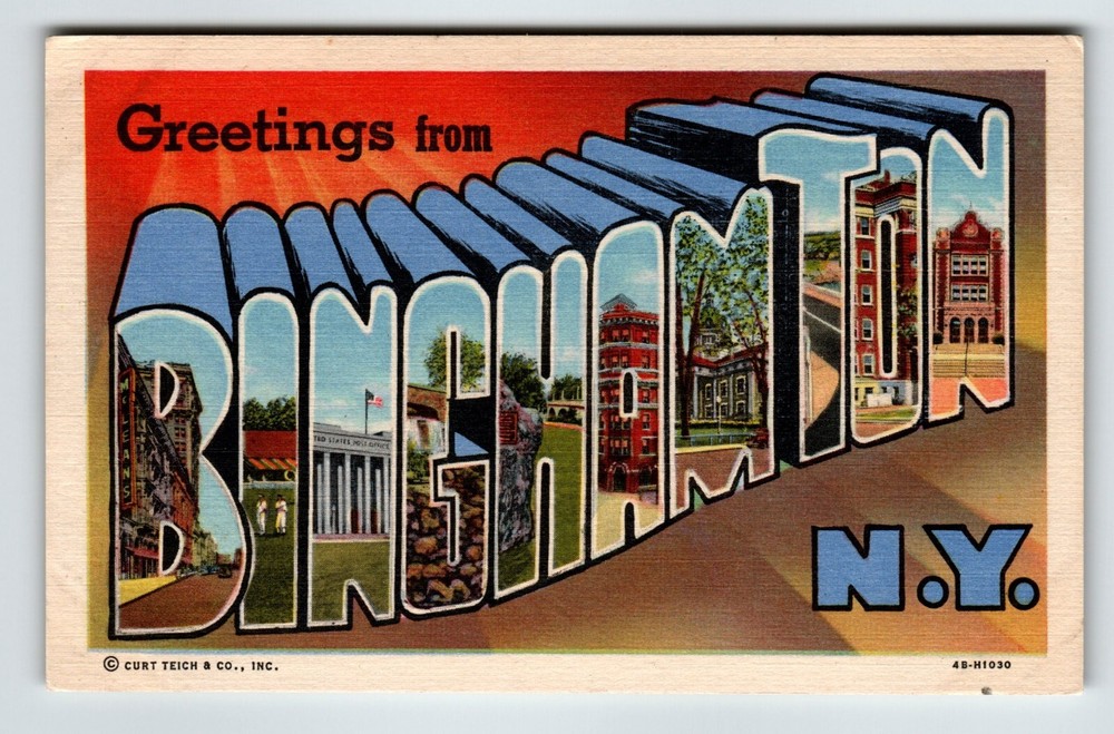 Greetings From Binghamton New York Large Letter Linen Postcard Curt Teich