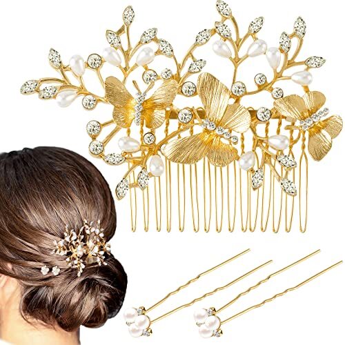 Gold Butterfly Hair Comb Clip with Pearl Rhinestones for Weddings and Bridal Hairstyles, 1PCS Elegant Hair Accessory