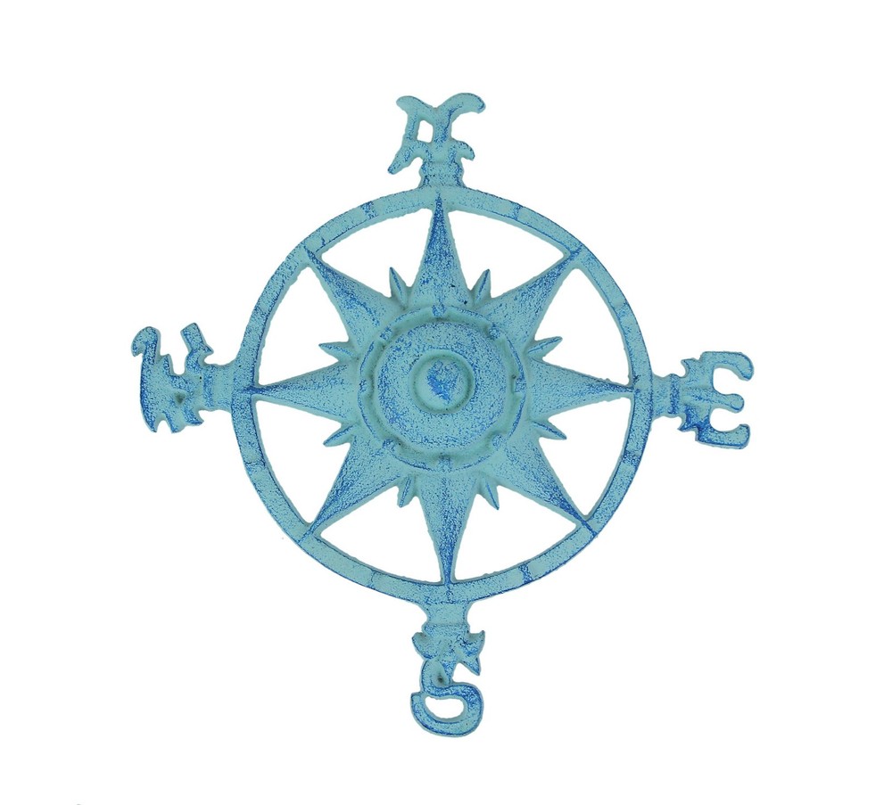Zeckos Weathered Blue Cast Iron Compass Rose Wall Decor for Indoor Outdoor Spaces