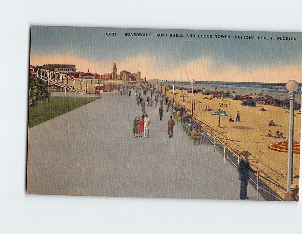Postcard Boardwalk Band Shell & Clock Tower Daytona Beach Florida USA