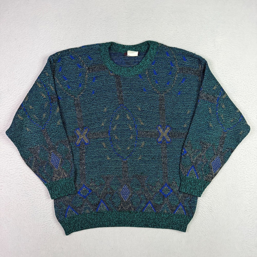 Vintage 90s BachrachTight Knit Graphic Sweater Abstract Colorful Mens Medium-image