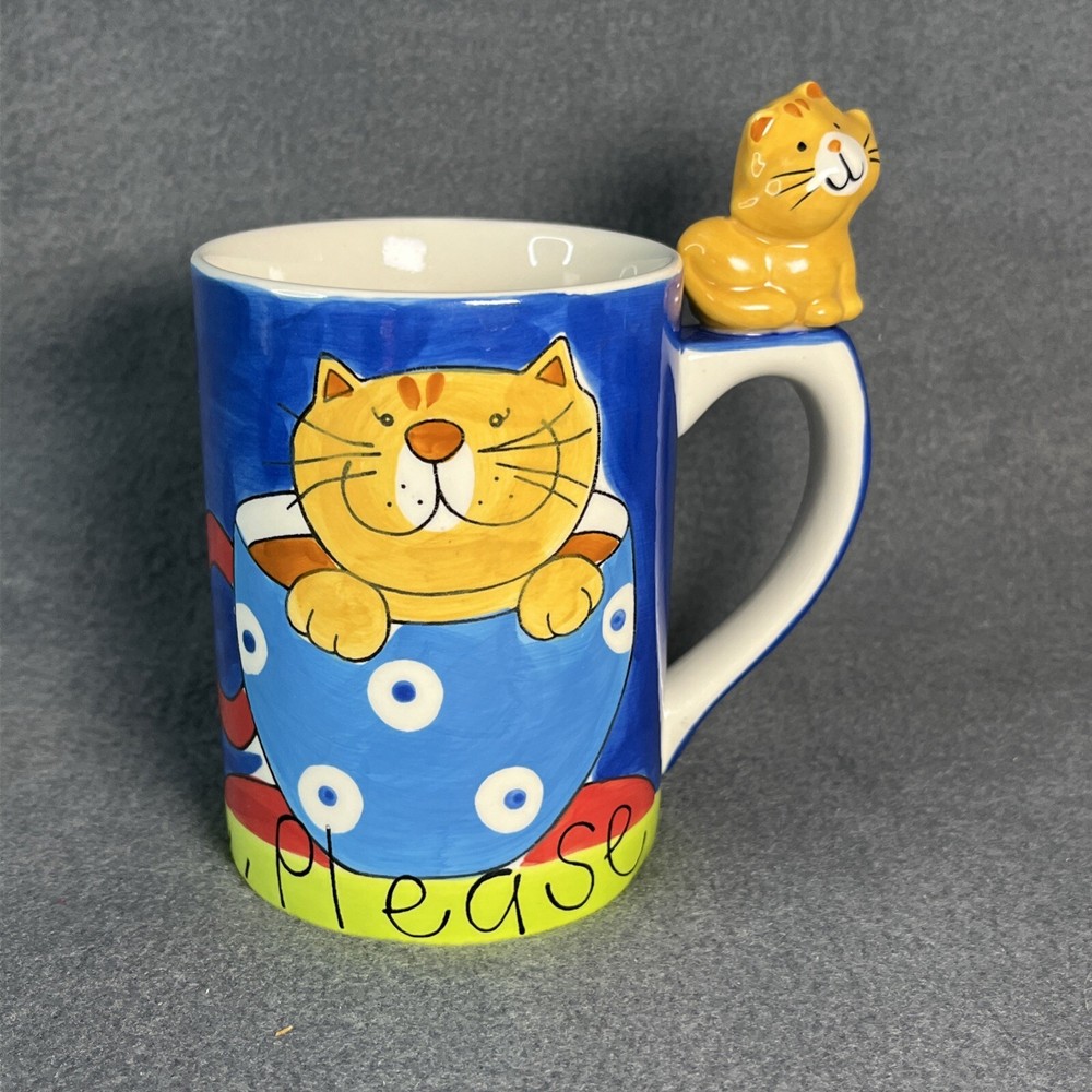 Indra Hand Painted 3D Orange Cat Mug Fine Stoneware 10 oz. Coffee Mug Tea Cup