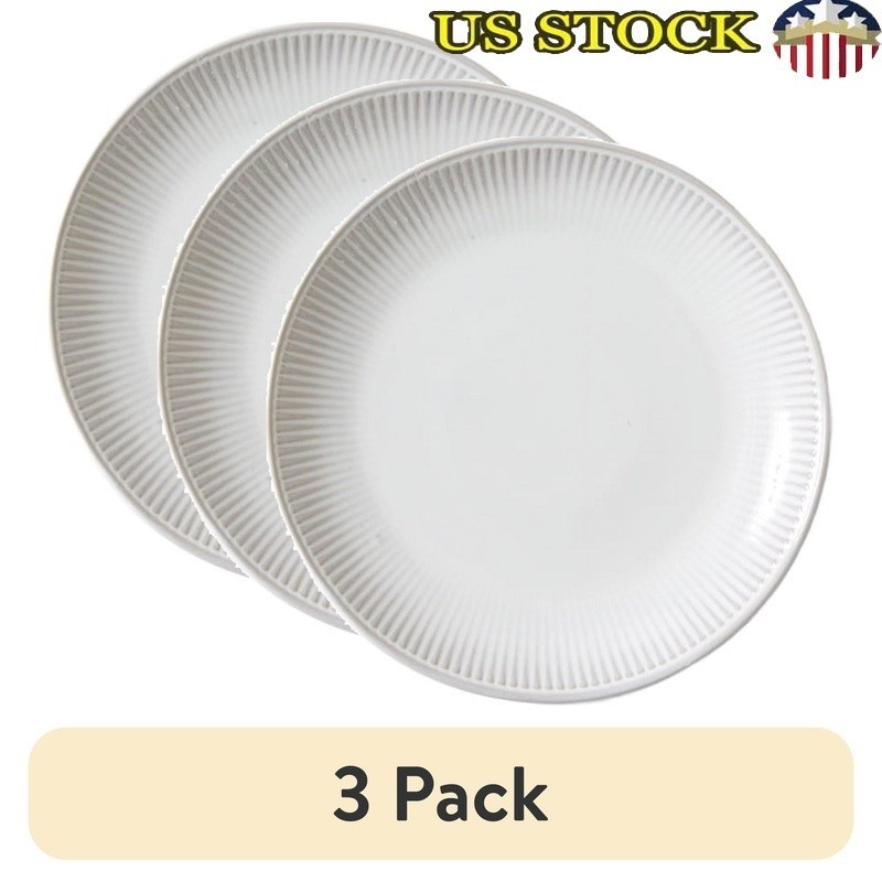 Stoneware Dinner Plates Set of 3 Durable Ribbed Design Microwave Dishwasher Safe