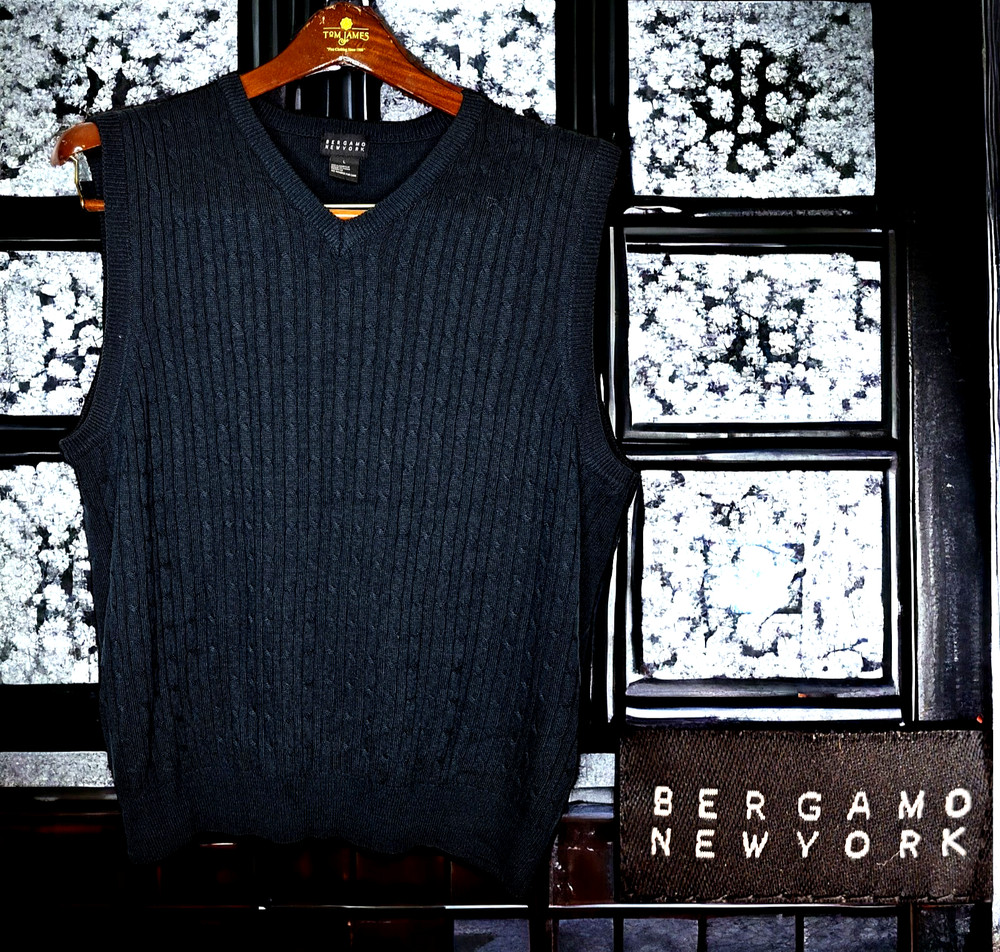 Bergano New York Sweater Vest Mens L Blue Cable Knit