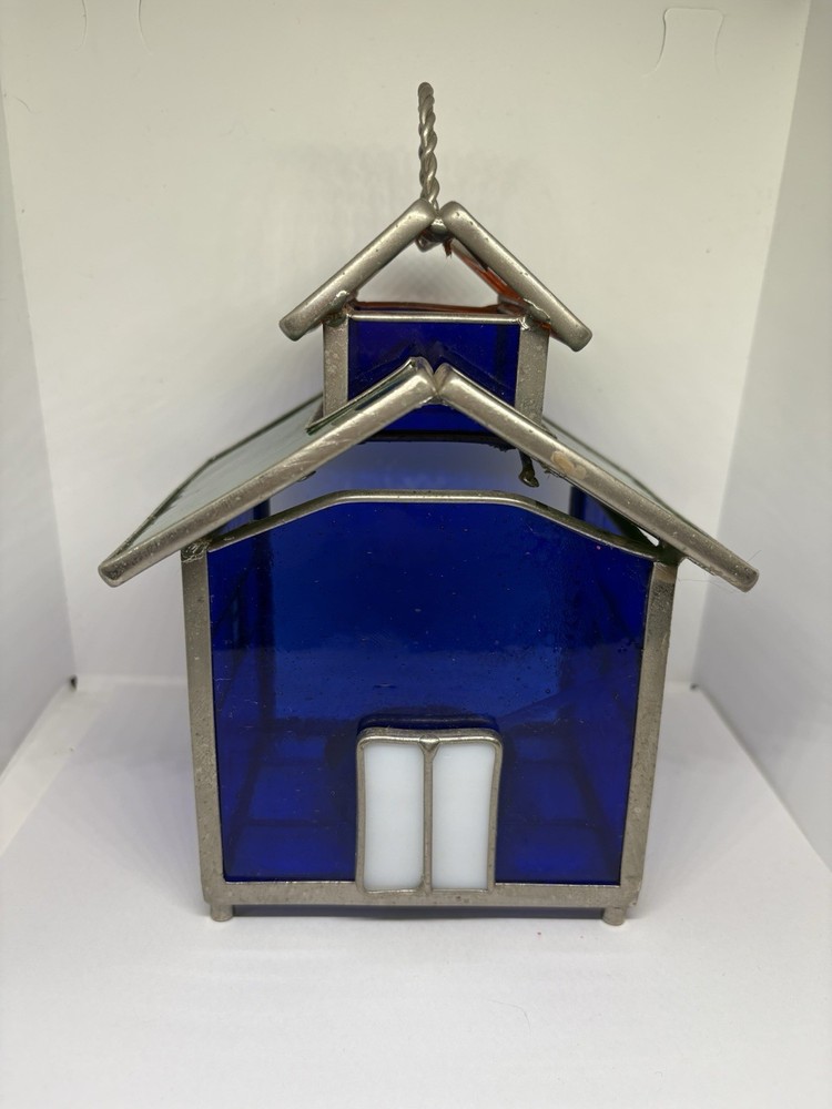 Stained Glass Birdhouse Style Lantern Candle Holder 7.5