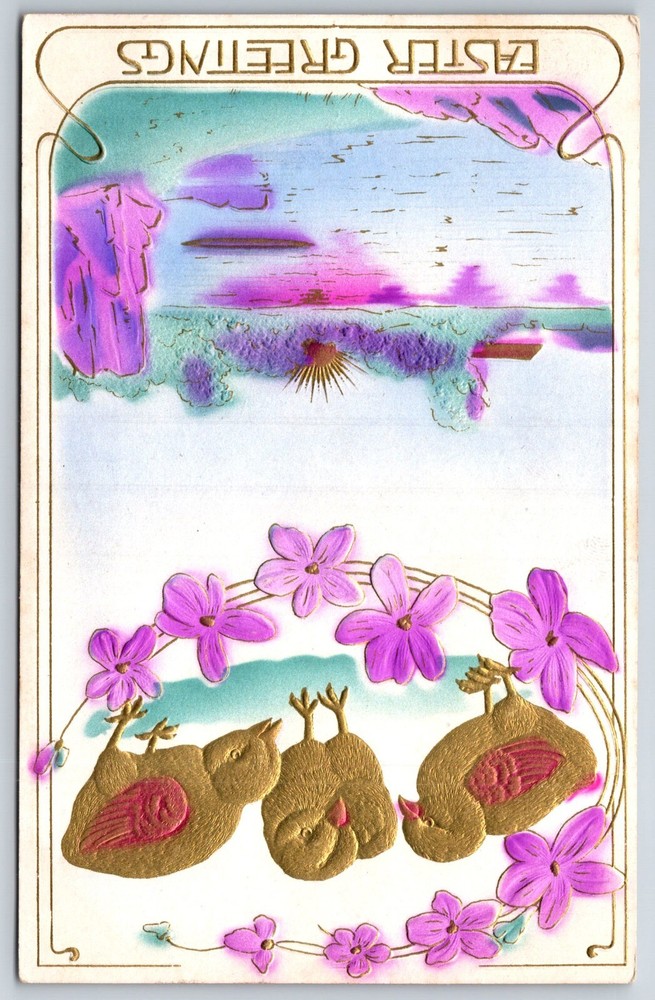 Holiday~Easter Greetings~Chicks W/ Flowers & Sunrise On Lake Scene~Vtg Postcard
