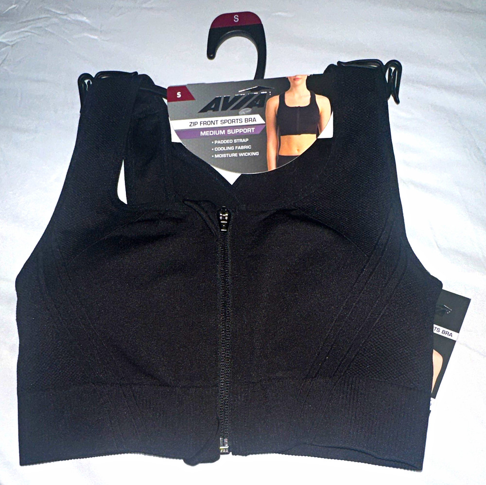 Avia Zip Front Padded Sports Bra. Removable padding.Medium Support Black Size S