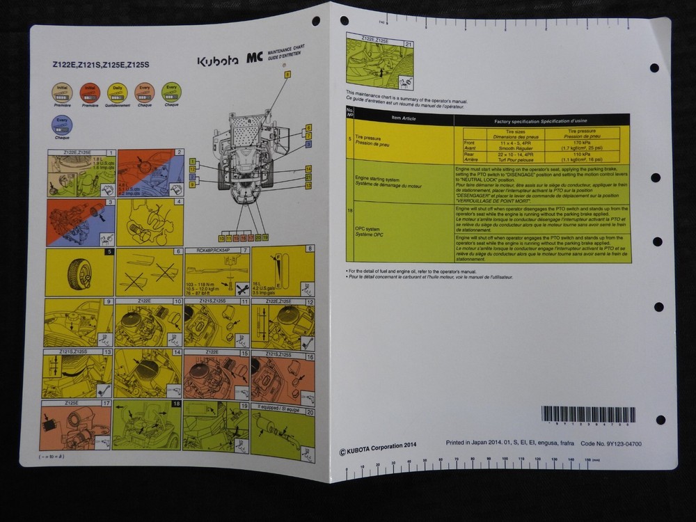 2014-20 Kubota Z122E Z121S Z125E Z125S Zero-Turn Mower Tractor Maintenance Chart