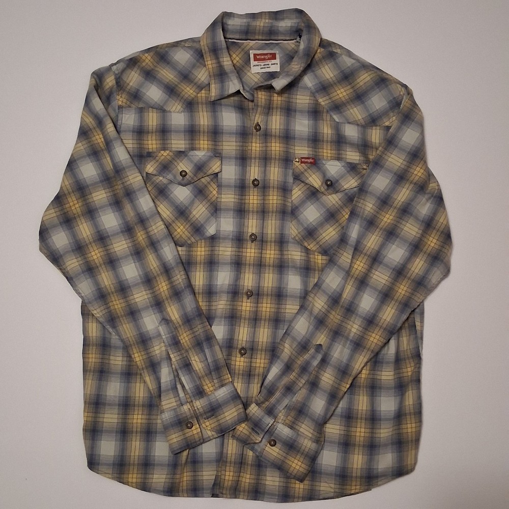 Wrangler Men's XL Yellow Blue Plaid Cotton Long Sleeve Button-Up Shirt Cowboy