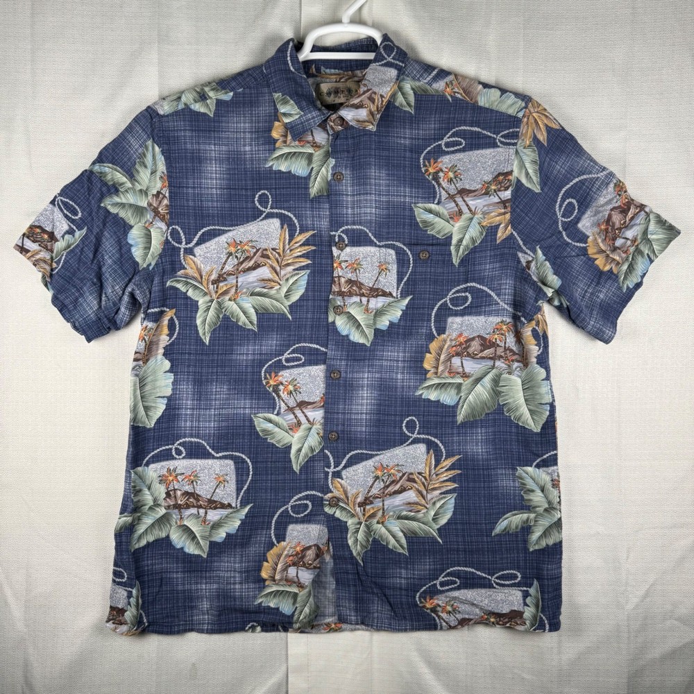 Campia Moda Mens Blue Tropical Island Palm Tree Rayon Button Down Shirt Large