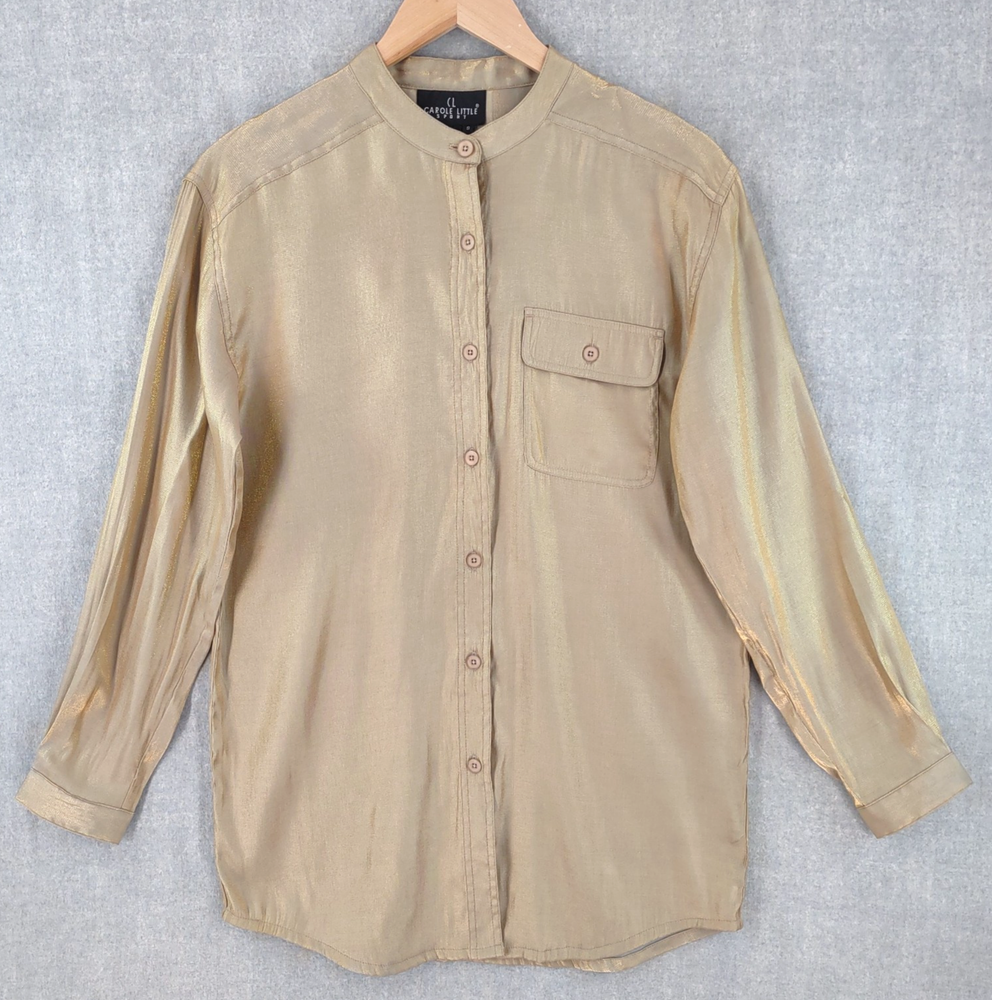 Vintage Carole Little Gold Lame Top Blouse Womens Small Button Up Shimmery Disco